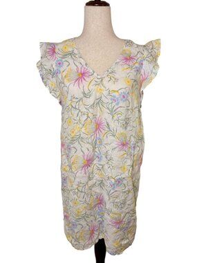 Joie White Floral 100% Linen Ruffle Sleeve Shift Dress Size Small